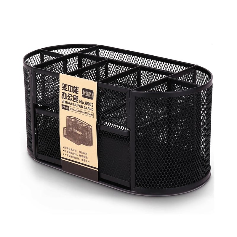 MONBLA Desk Supplies Organizer Multi-functional Stationery Caddy Mesh Oval Pencil Holder Desk Office Supplies Organizer 9 Compartments with Drawer for Note Pads Black - Image 4